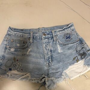 American Eagle Outfitters Light Blue Distressed Denim Shorts with Graphic Detail